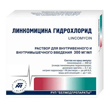 ЛИНКОМИЦИНА ГИДРОХЛОРИД р-р д/ин. (амп.) 300мг/мл - 1мл N10 (Белмедпрепараты, БЕЛАРУСЬ)