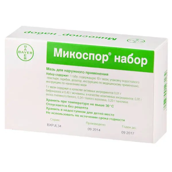 МИКОСПОР для лечения ногтей (мазь, лейкопл., скребок) набор (туба) 1% - 10г N1 (БАЙЕР, ИСПАНИЯ)