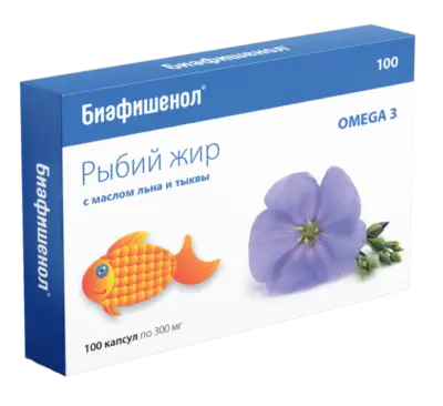 РЫБИЙ ЖИР Омега-3 Биафишенол Масло льна/тыквы капс. 0.3г N100 (Биофарм, РФ)