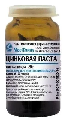 ЦИНКОВАЯ ПАСТА (банк.) 25% - 25г N1 (Московская Ф.Ф., РФ)