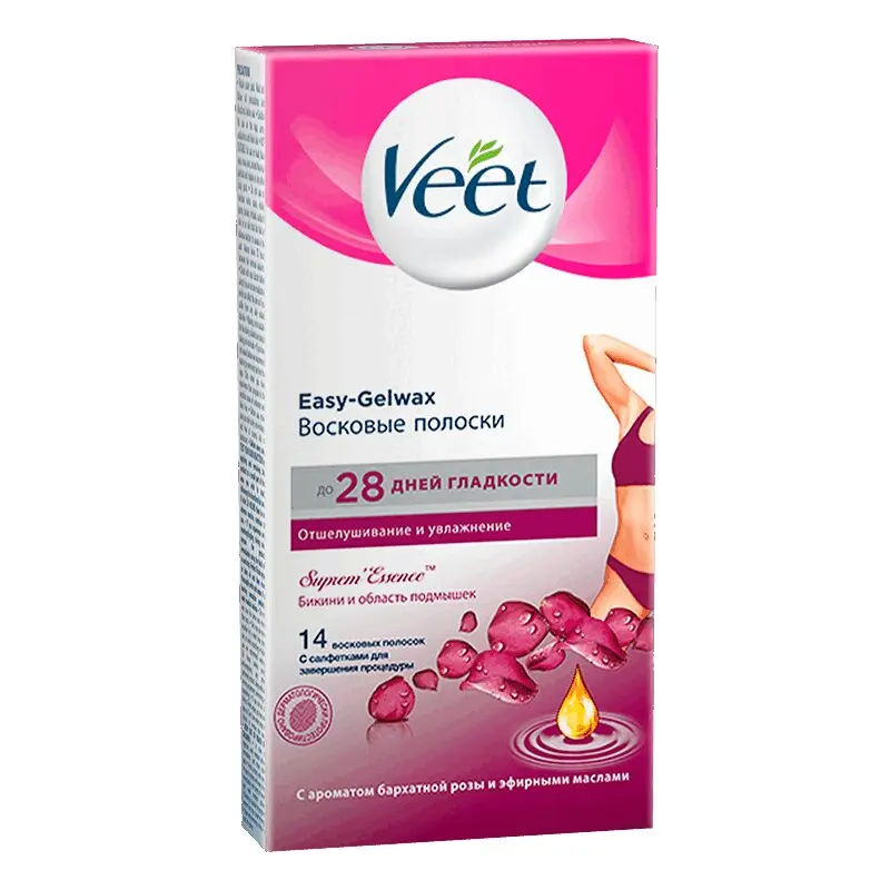 ВИТ (VEET) полоски восковые для бикини/подмышек д/депиляции Бархатная роза/Эфирные масла N14 (РЕКИТТ БЕНКИЗЕР, ФРАНЦИЯ/ВЕЛИКОБРИТАНИЯ)