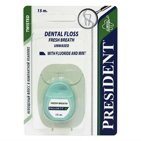 ПРЕЗИДЕНТ зубная нить невощеная 15м Мята (ПРЕМЬЕР-ПРОДУКТ, ИТАЛИЯ)