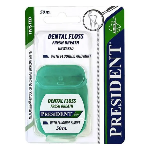 ПРЕЗИДЕНТ зубная нить невощеная с фтором 50м Мята (ПРЕМЬЕР-ПРОДУКТ, ИТАЛИЯ)