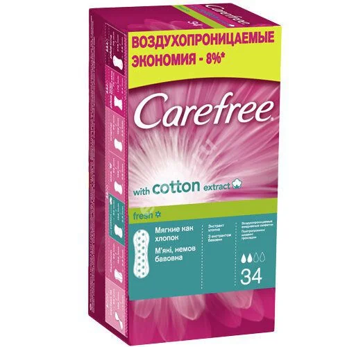 КЭФРИ (CAREFREE) прокладки ежедневные Коттон N34 Фреш (ДЖНС&ДЖНС, ВЕЛИКОБРИТАНИЯ)