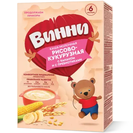 ВИННИ каша мол. рис/кукуруз 6м+ 200г Банан/Пребиотик (Продукты Зауралья, РФ)