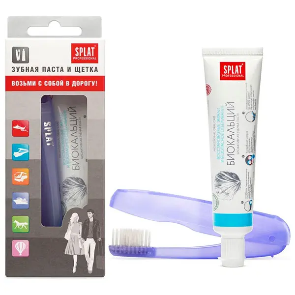 СПЛАТ набор дорожный Зубная паста 40мл Биокальций + Зубная щетка в пенале (Сплат Глобал, РФ)