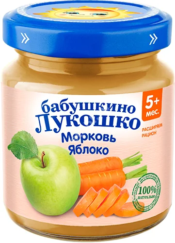 БАБУШКИНО ЛУКОШКО пюре овощное 5м+ 100г Морковь/Яблоко (Фаустово, РФ)