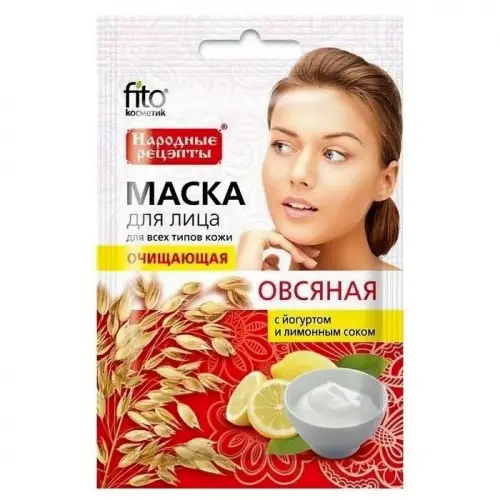 НАРОДНЫЕ РЕЦЕПТЫ Овсяная маска для лица очищающая Йогурт/Лимонный сок 25мл (Фитокосметик, РФ)