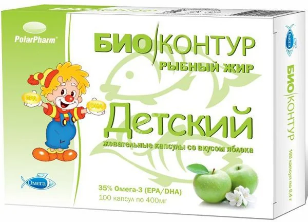 РЫБНЫЙ ЖИР Детский БиоКонтур капс. жев. 0.4г N100 Яблоко (Полярис, РФ)