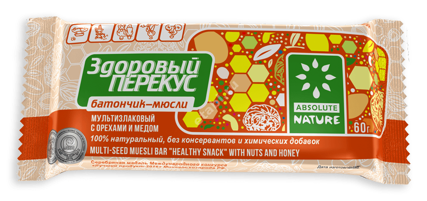 ЗДОРОВЫЙ ПЕРЕКУС батончик-мюсли 60г Орех/мед (Диво-Хлеб конд. фабрика, РФ)