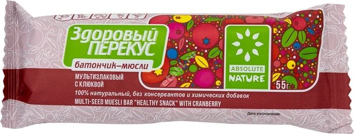 ЗДОРОВЫЙ ПЕРЕКУС батончик-мюсли 55г Клюква (Диво-Хлеб конд. фабрика, РФ)