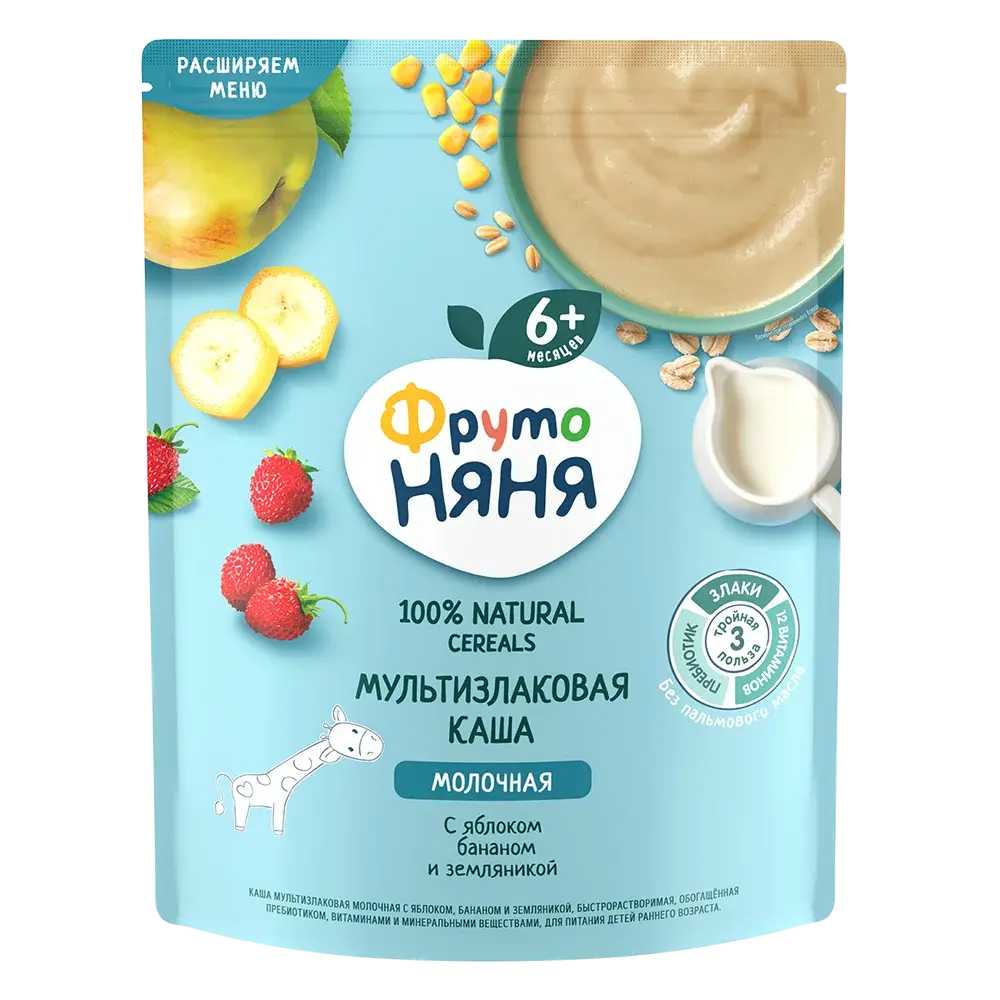 ФРУТОНЯНЯ каша мол мультизлак 6м+ 200г Яблоко/Банан/Земляника (Прогресс, РФ)