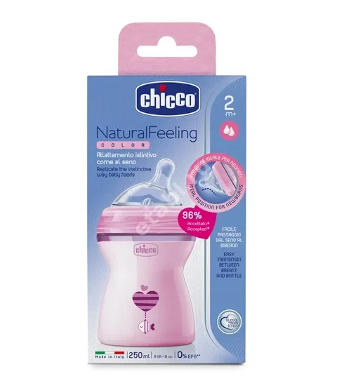 ЧИККО (Chicco) бутылочка пласт. 250мл силик соска средн поток Natural Feeling 2м+ 310205208 роз с флексорами/наклон (Артсана, ИТАЛИЯ)