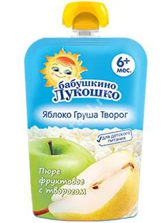 БАБУШКИНО ЛУКОШКО пюре фруктовое 6м+ 90г Яблоко/Груша/Творог (Фаустово, РФ)