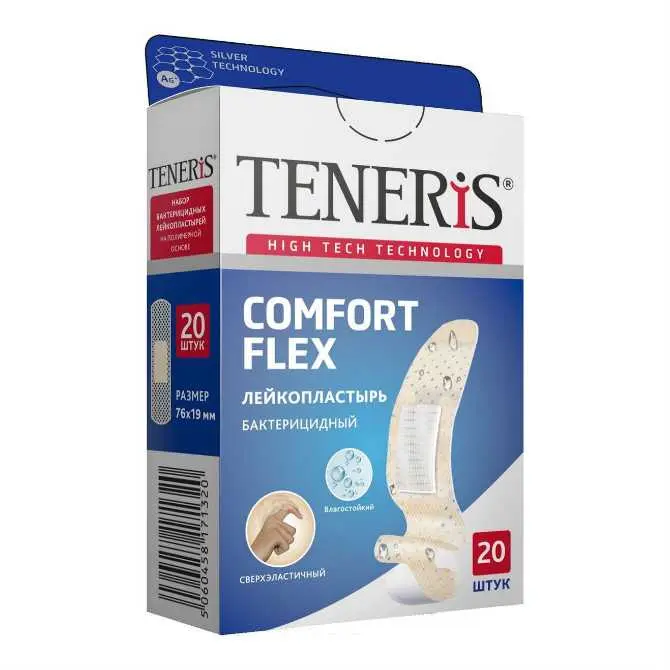 ПЛАСТЫРЬ бактерицид. Тенерис Comfort Flex с серебром полимер. 1.9х7.6см N20 (ФармЛайн, ВЕЛИКОБРИТАНИЯ)