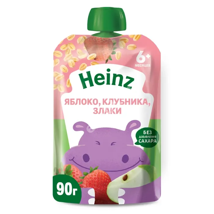 ХАЙНЦ пюре 90г Яблоко/Клубника/Злаки (Ивановский комбинат детского питания, РФ)