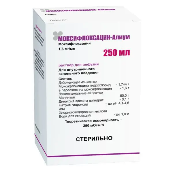 МОКСИФЛОКСАЦИН р-р д/инф. (бут.) 1.6мг/мл - 250мл N1 (БИННОФАРМ, РФ)