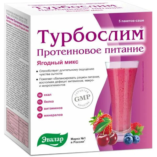ТУРБОСЛИМ Протеиновое питание коктейль (саше) 36г N5 Ягодный микс (ЭВАЛАР, РФ)