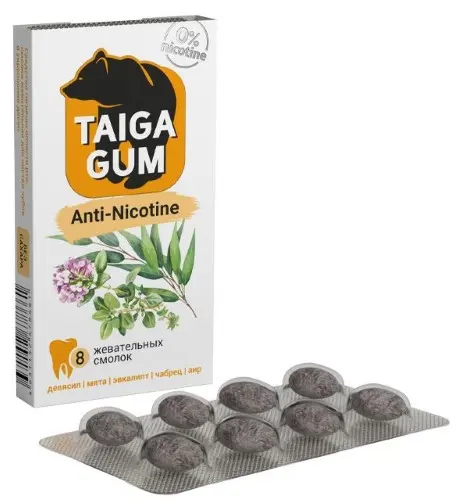 ТАЙГА ГУМ (TAIGA GUM) Anti-Nikotine жевательная резинка смолка д/укрепления десен N8 (Алтайский Нектар, РФ)