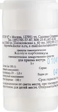 КАЛИУМ КАРБОНИКУМ С30 гран. гомеопат. 5г N1 (Доктор Н, РФ)