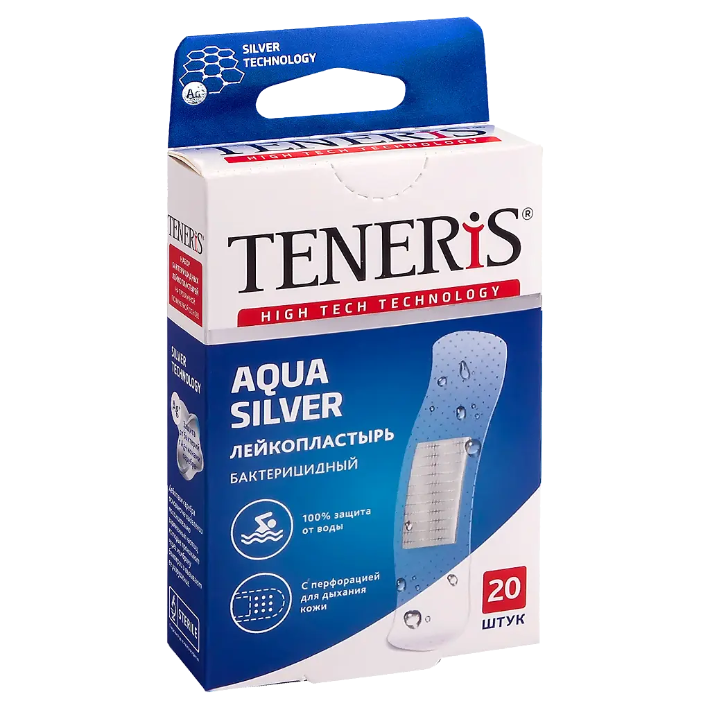 ПЛАСТЫРЬ бактерицид. Тенерис AQUA Silver с серебром полимер. 1.9х7.6см N20 (Спектрум, ЧЕХИЯ)