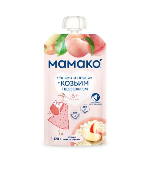 МАМАКО пюре 6м+ 120г Яблоко/Персик/Козий творожок (ЛВЛ Эволюшн ООО, БЕЛАРУСЬ)