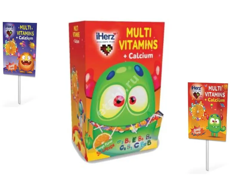 МУЛЬТИВИТАМИНС+КАЛЬЦИЙ АйХерц (iHerz) 3+ леденцы 6.5г N50 Апельсин (АЛПИ Коммерция, РФ)