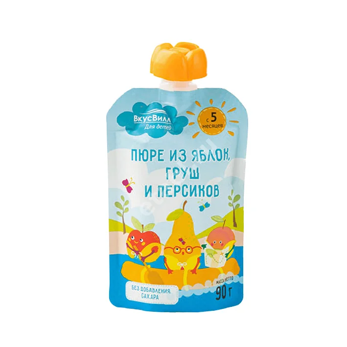 ВКУСВИЛЛ пюре фруктовое яблоко/груша/персик 5м+ 90г (Малоритский консервно-овощесушильный комбинат, БЕЛАРУСЬ)