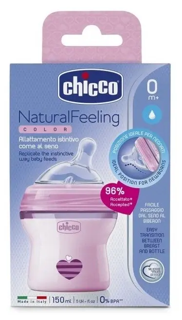 ЧИККО (Chicco) бутылочка пласт. 150мл силик соска средн поток Natural Feeling 0м+ 310205206 роз (Артсана, ИТАЛИЯ)
