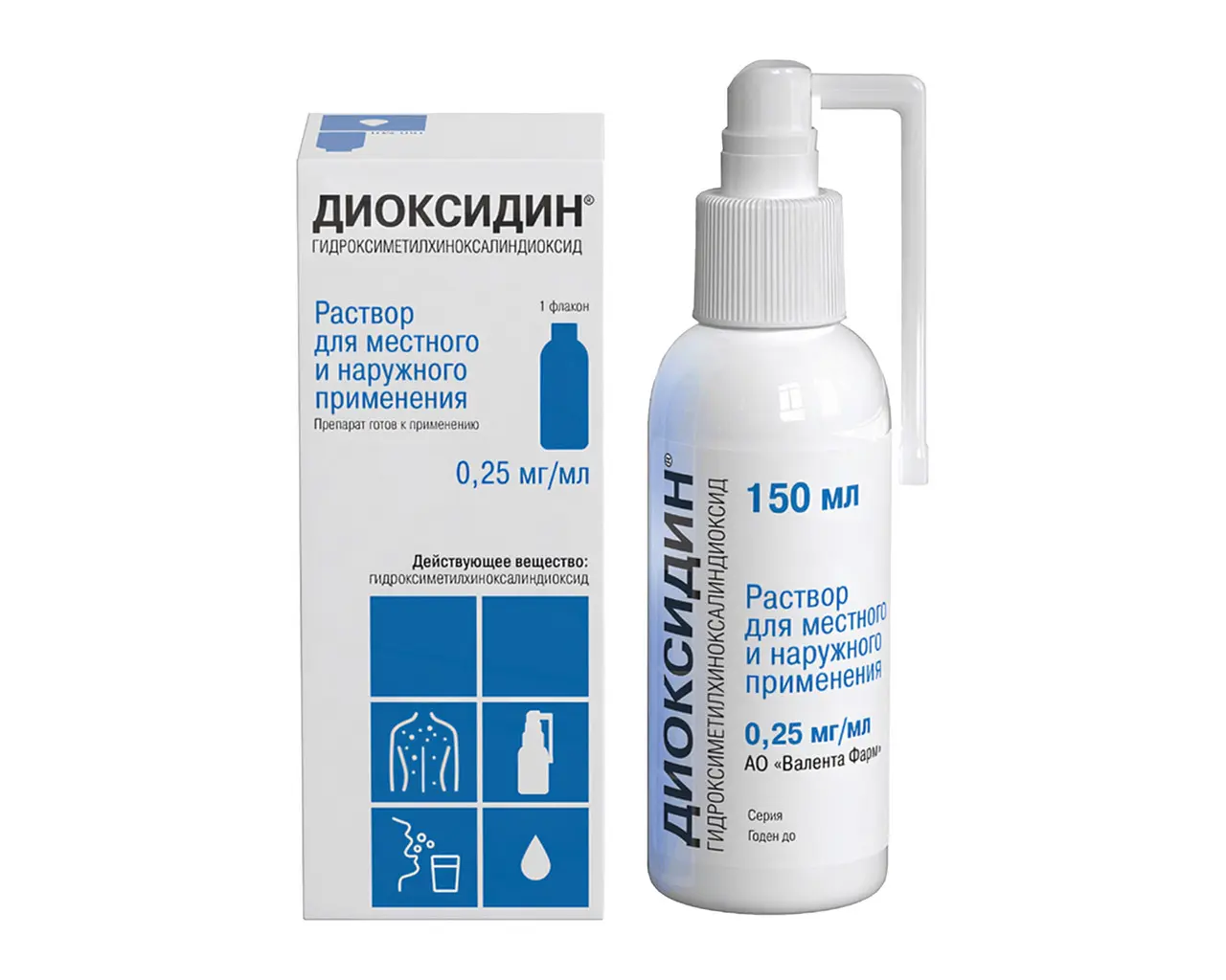 ДИОКСИДИН р-р д/местн. и наружн. прим. (фл.) 0.25мг/мл - 150мл N1 (ВАЛЕНТА, РФ)