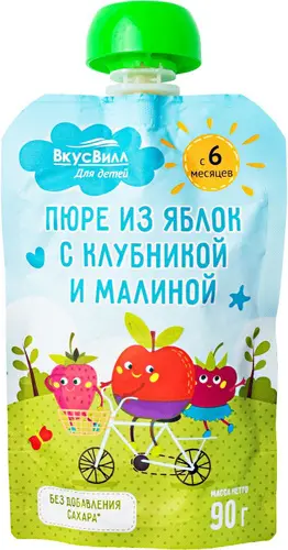 ВКУСВИЛЛ пюре фруктовое яблоко/клубника/малина 6м+ 90г (Фруктис, РФ)