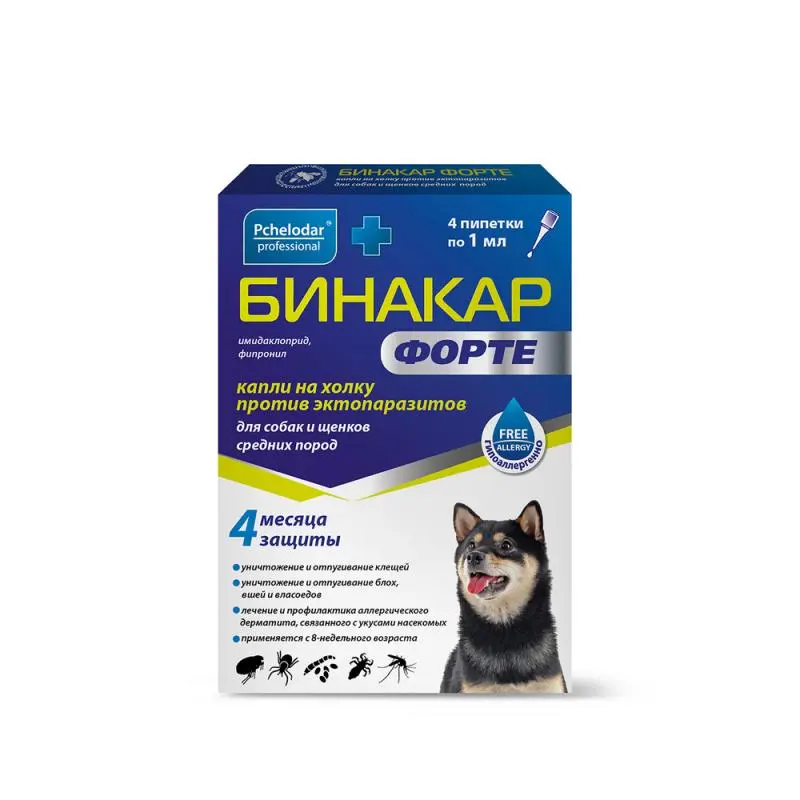 БИНАКАР Форте капли на холку 1мл д/собак средних пород N4 (Агробиопром, РФ)