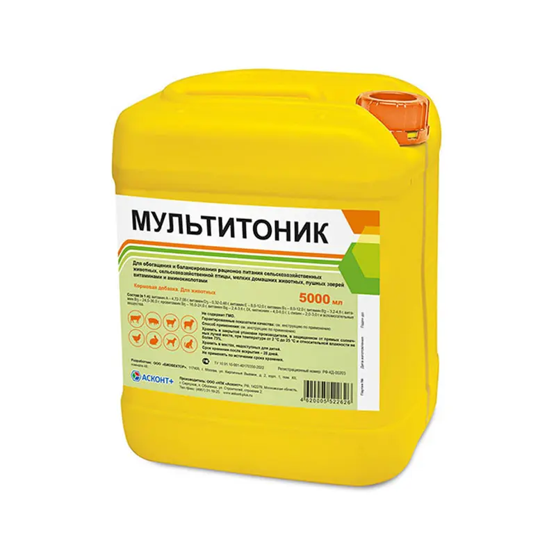 МУЛЬТИТОНИК р-р д/внутр. прим. 5л С/Х животные д/кошек и собак/ д/птиц N1 (Асконт плюс НПК, РФ)