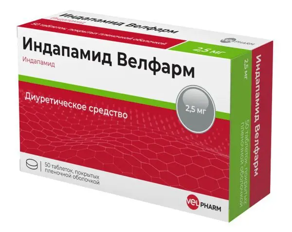 ИНДАПАМИД табл. п.п.о. 2.5мг N50 (Велфарм-М, РФ)