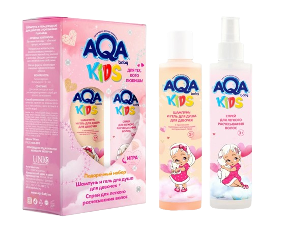 АКВА БЭБИ (AQA BABY) набор (шампунь-гель для душа Протеины пшеницы 200мл + спрей для легкого расчесывания 200 мл) для девочек (Уник Косметик, РФ)