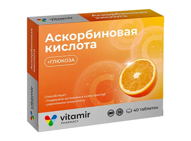 АСКОРБИНОВАЯ КИСЛОТА С ГЛЮКОЗОЙ Витамир табл. жев. 0.6г N40 Апельсин (Квадрат-С, РФ)