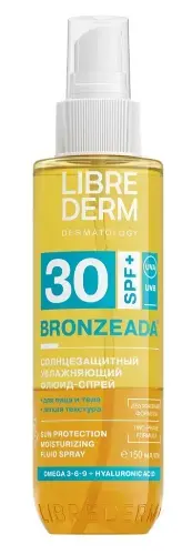 ЛИБРИДЕРМ Бронзиада спрей-флюид для лица/тела солнцезащит SPF30 д/светлой/чувств. кожи двухфазный увлажняющий 150мл (Биофармлаб, РФ)