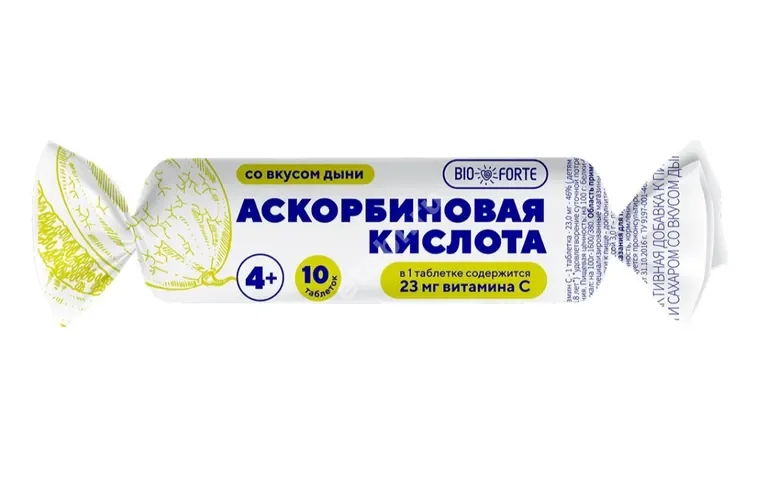 АСКОРБИНОВАЯ КИСЛОТА БиоФорте с сах. и глюк. табл. (крутка) N10 Дыня (Тигода-Фарм, РФ)
