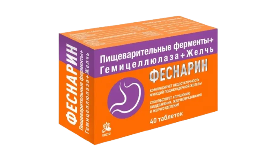 ФЕСНАРИН Пищеварительные ферменты+Гемицеллюлаза+Желчь табл. п.о. 0.55г N40 (Фармацевтическая Фабрика, РФ)