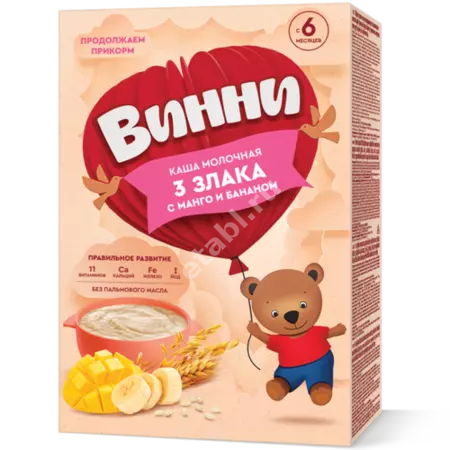 ВИННИ каша мол. 3 злака 6м+ 200г Манго/Банан (Инфаприм, РФ)