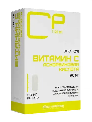 ВИТАМИН С Атеч Нутритион (Atech nutrition) Аскорбиновая кислота капс. 1.12г N30 (Арсенал Атлета, РФ)