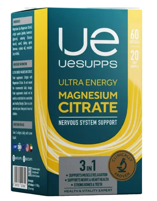 МАГНИЯ ЦИТРАТ Уесаппс Ультра Энерджи (UESUPPS Ultra Energy) капс. (банк.) N60 (Ультра Энерджи Сапплементс Трэйдинг, ОАЭ)