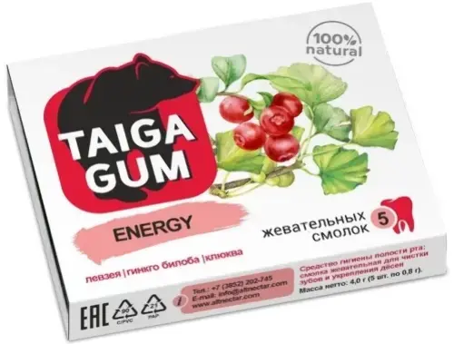 ТАЙГА ГУМ (TAIGA GUM) Energy резинка жев. смолка уход/укрепл. эмали N5 (Апифитоцентр Алтайский нектар, РФ)