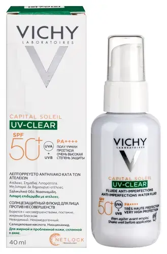 ВИШИ (VICHY) Капиталь Солей флюид для лица солнцезащит SPF50+ против несовершенств uv-clear 40мл (Лореаль, РФ)