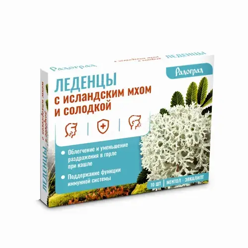 РАДОГРАД с исландским мхом и солодкой леденцы 3.2г N10 Ментол/Эвкалипт (Экол, РФ)