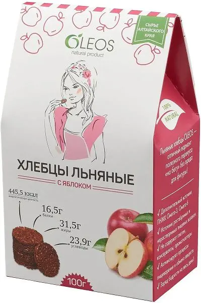 ХЛЕБЦЫ льняные 100г Яблоко (Олеос, РФ)