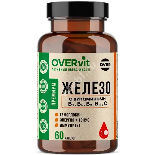 ЖЕЛЕЗО+ Овервит (Overvit) Витамины В3, В6, В9, В12, С капс. 0.48г N60 (Овер Фарма , РФ)