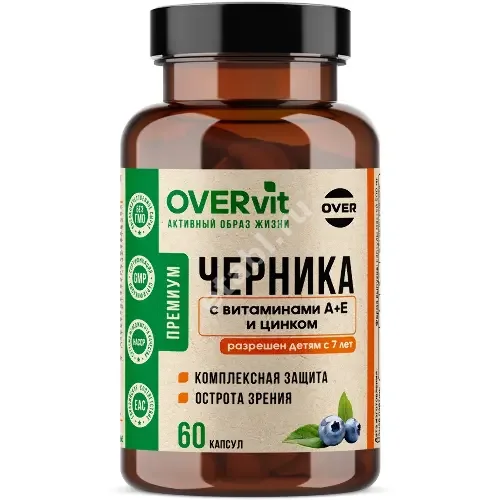 ЧЕРНИКА+ВИТАМИНЫ А и Е+ЦИНК Овервит (Overvit) капс. 0.5г N60 (Овер Фарма , РФ)